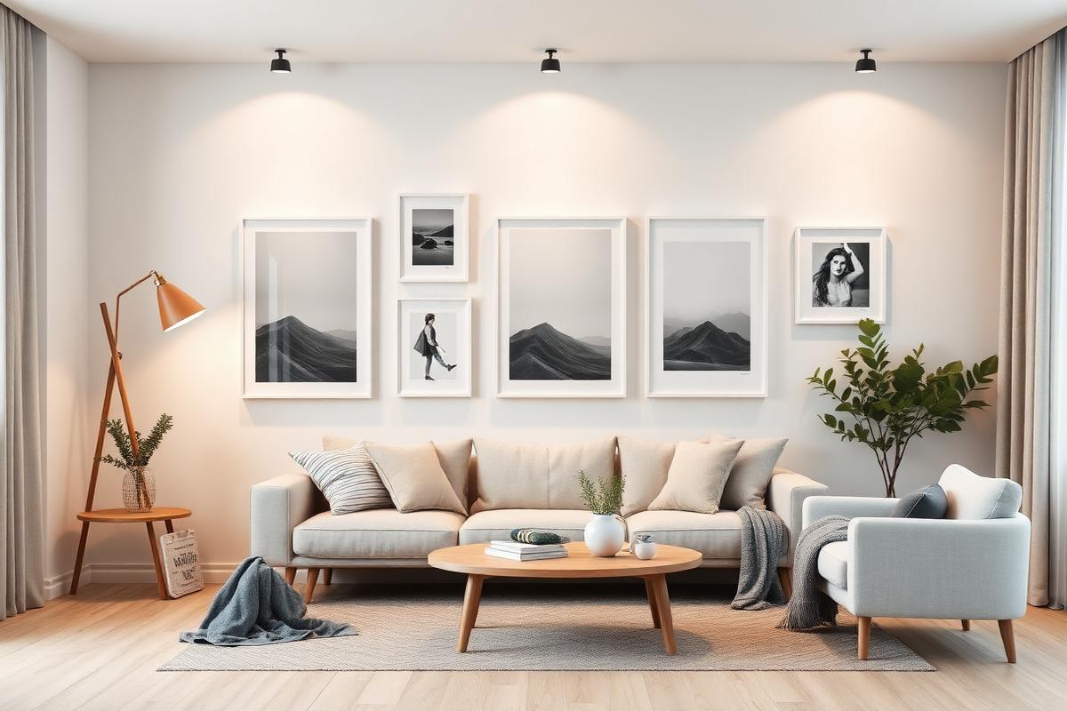 Beställ posters online – tavelvägg med egna bilder i ramar, vardagsrum med poster A3, A1 och 50x70 cm